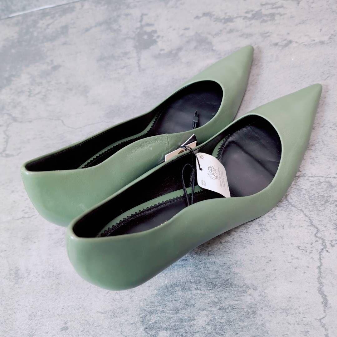 新品 ZARA WOMAN ポインテッドトゥ パンプス 緑 42