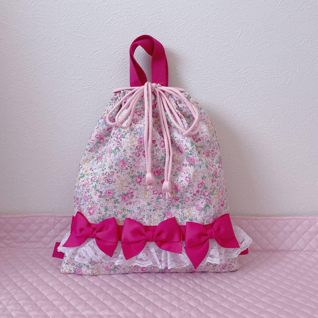 レッスンバッグ.体操服入れ.上靴袋3点セット♡花柄リボン(濃いピンク)❤︎