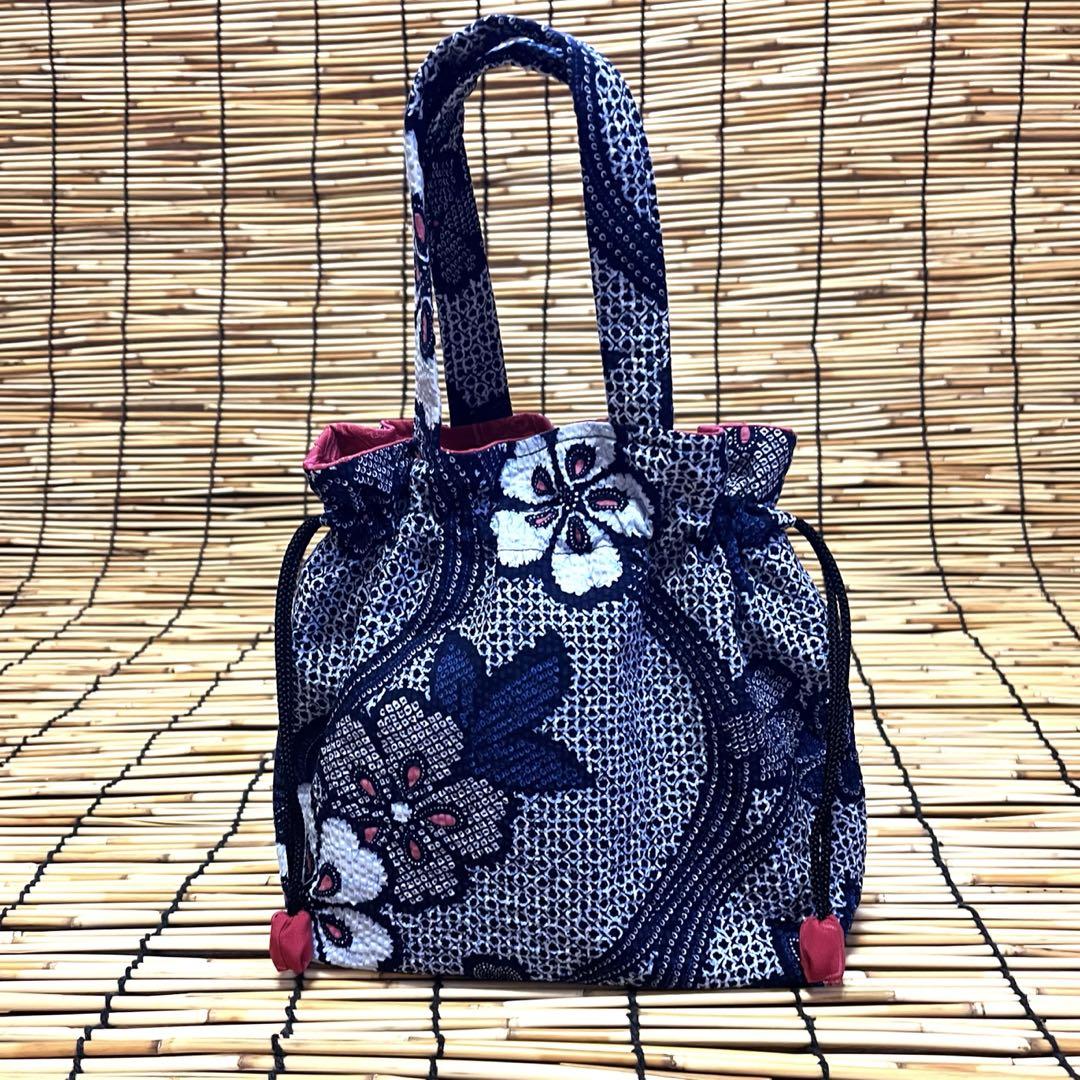 着物リメイク＊手作りおしゃれ日傘とお揃い巾着トート＊木綿 絞り花柄