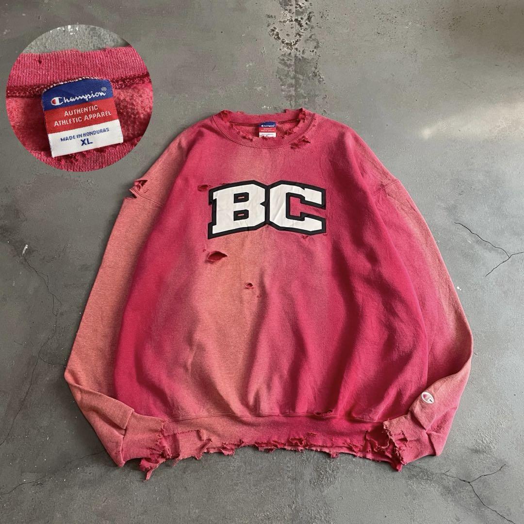 90's “Champion”鬼フェード”サーモンピンク“襤褸 sweat