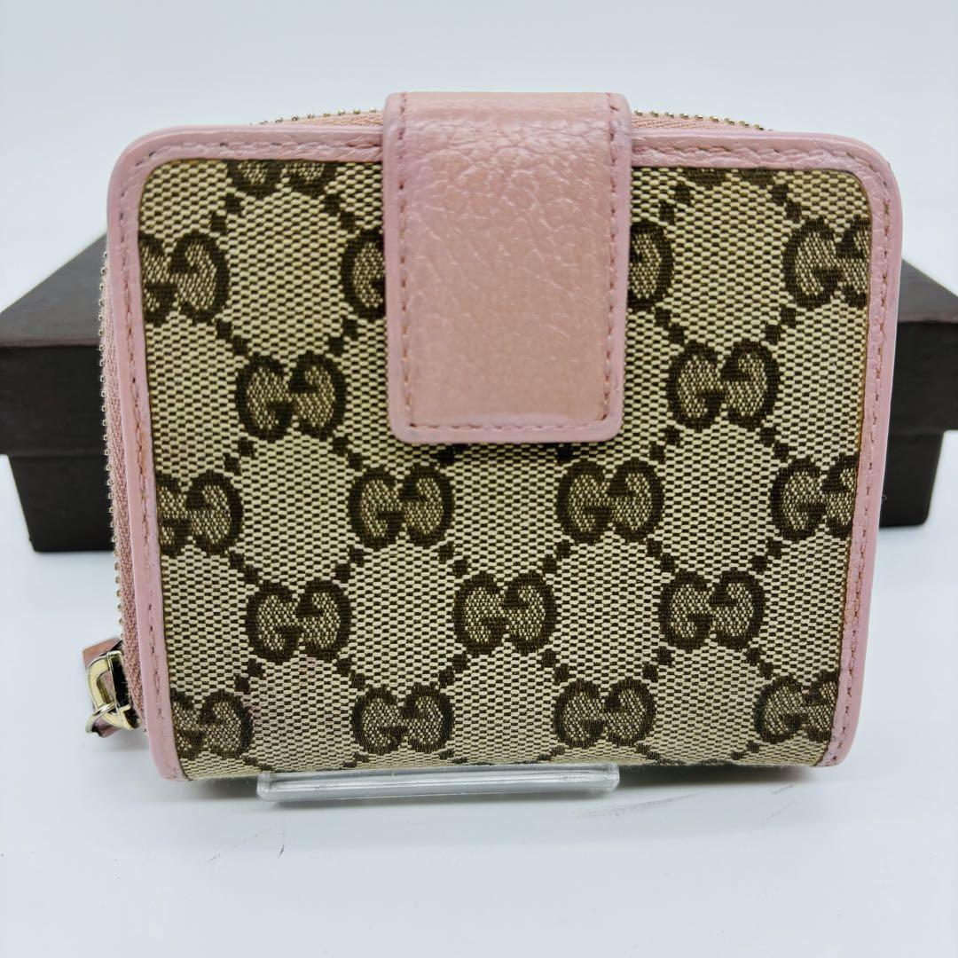 【美品】グッチ 二つ折り財布　GGキャンバス コンパクトウォレット ピンク