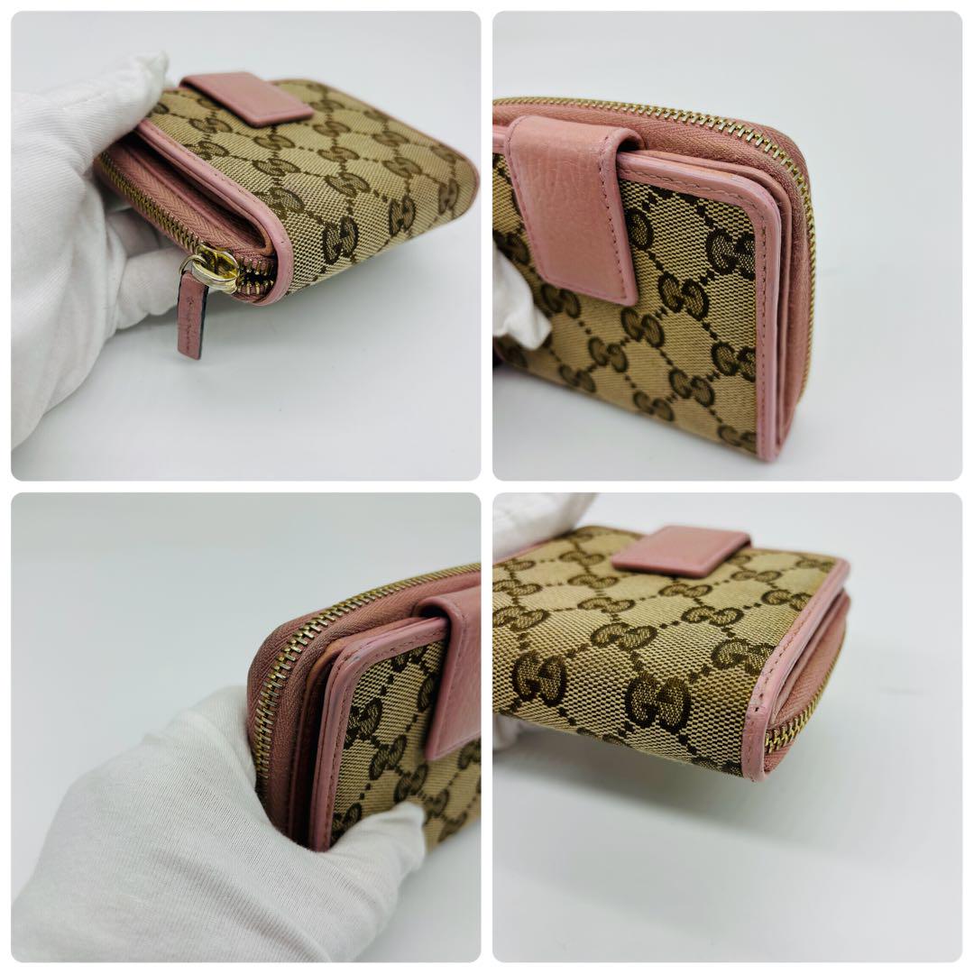【美品】グッチ 二つ折り財布　GGキャンバス コンパクトウォレット ピンク