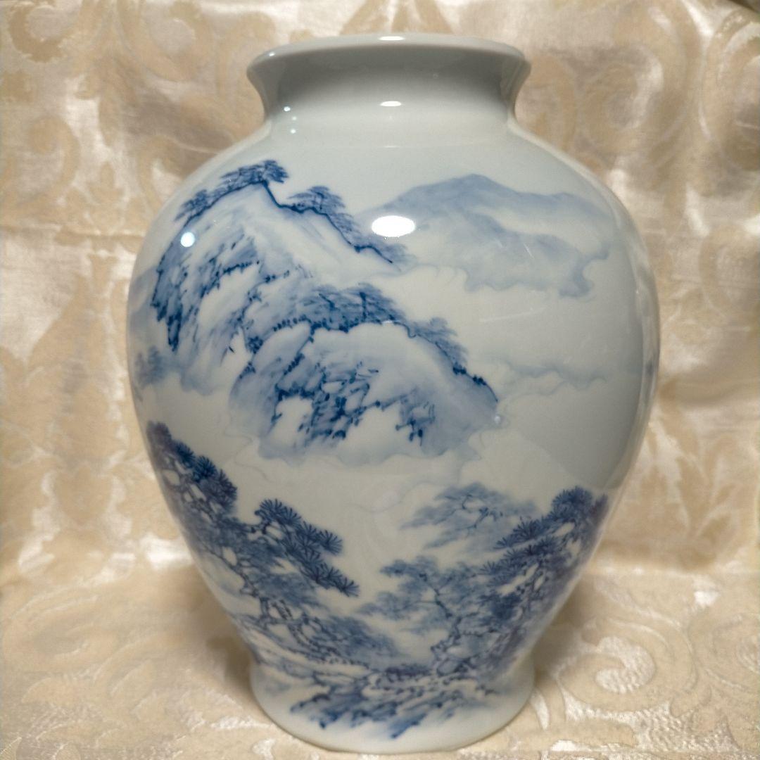 手描き山水画陶器花瓶 深川製磁 青い山水画の陶器花瓶 - メルカリ