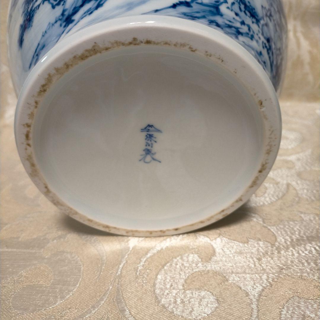 手描き山水画陶器花瓶 深川製磁 青い山水画の陶器花瓶 - メルカリ