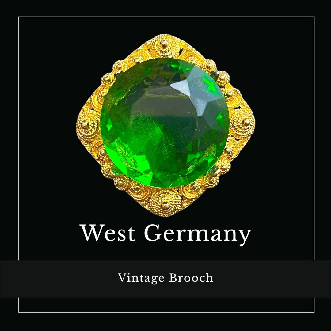 West Germany☆初期☆大粒ファセットカット☆グリーン&ゴールドブローチ