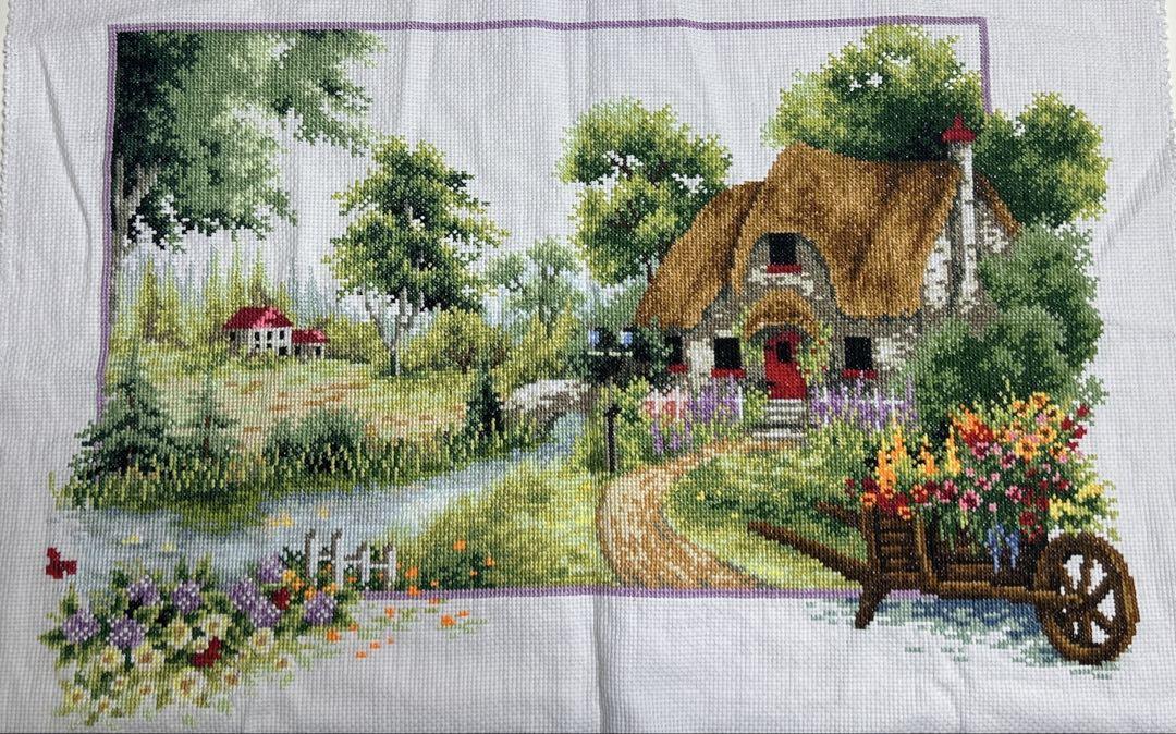 田舎の風景大　刺繍完成品