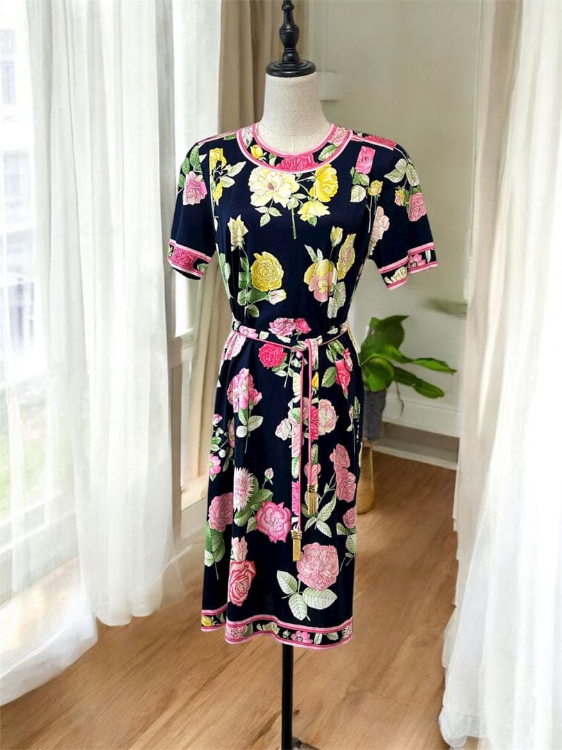 LEONARD FASHION 花柄ワンピース M ベルト付 紺M LEONARD