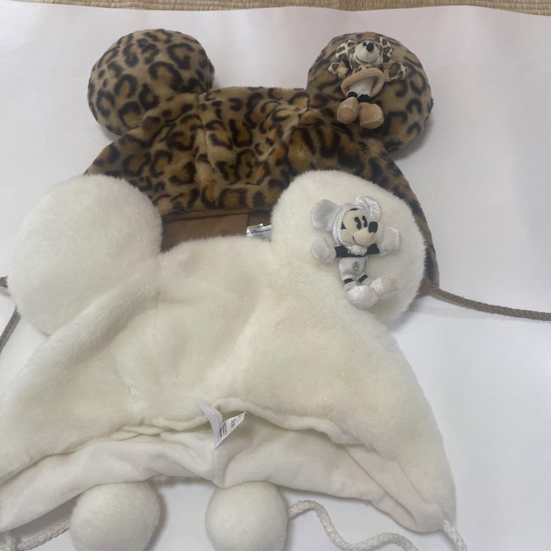 【希少】ディズニーファンキャップ　2色セットミッキーミニー耳付きヒョウ柄帽子