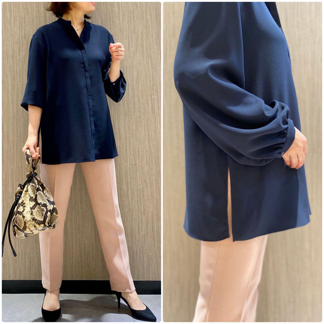 theory luxe 比翼仕立て スタンドカラーブラウス 紺 38