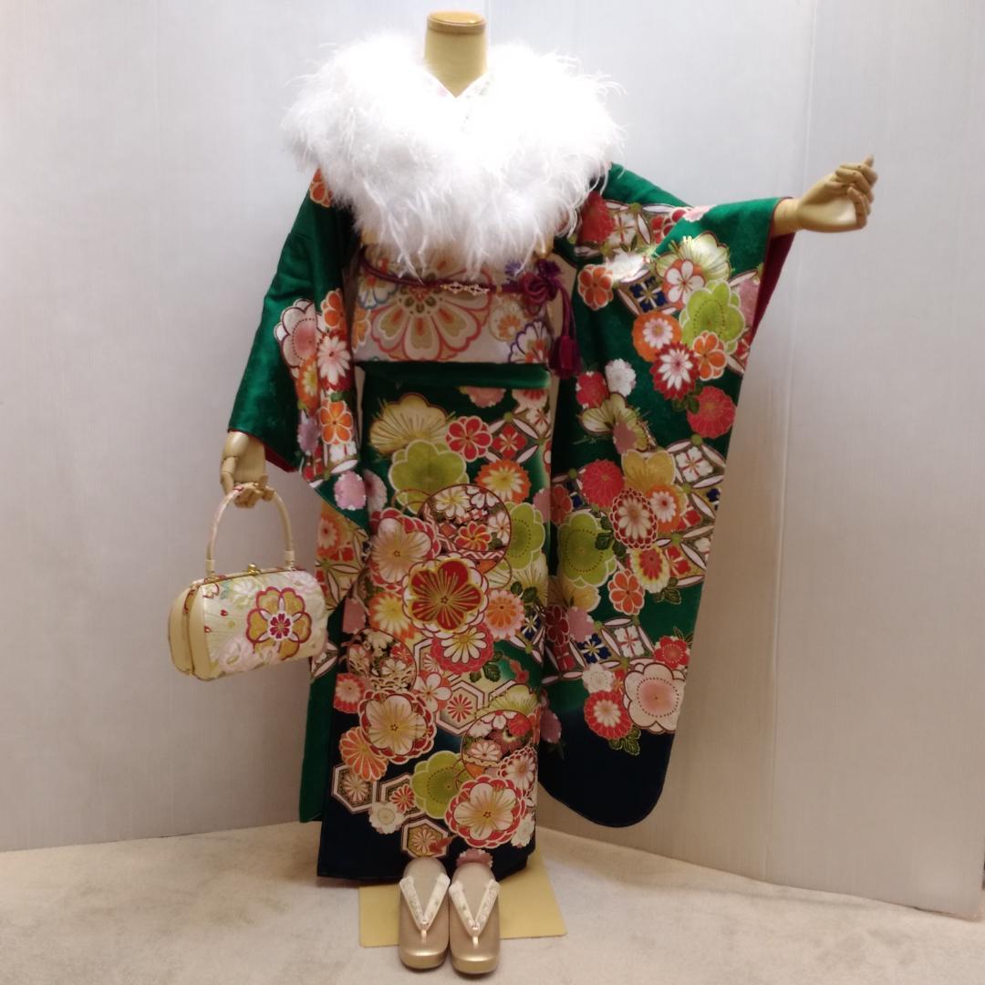 振袖 正絹 京友禅 お仕立て上がり 緑地古典花文様 lf202