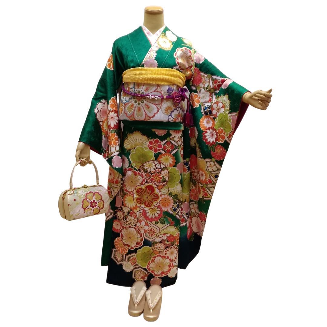 振袖 正絹 京友禅 お仕立て上がり 緑地古典花文様 lf202