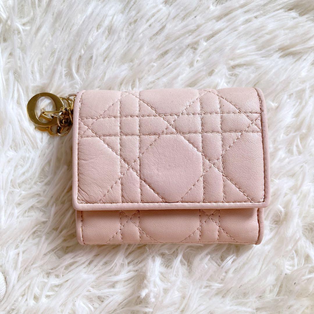 【美品】Dior ディオール　カナージュ　コンパクト　財布　三つ折り　ピンク