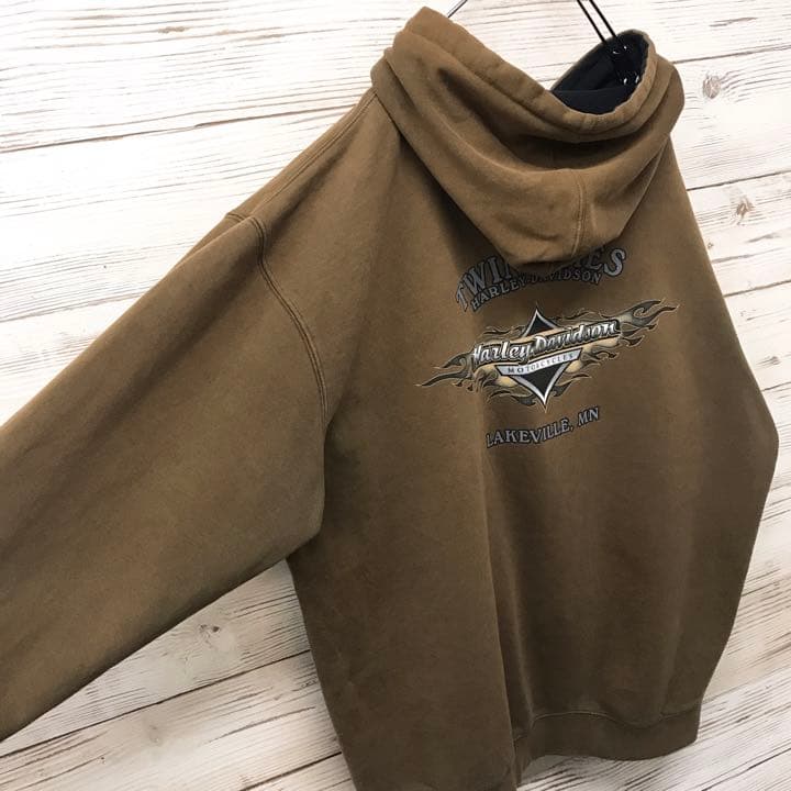 激レア》ハーレーダビッドソン☆パーカー XL デカロゴ ブラウン カーキ