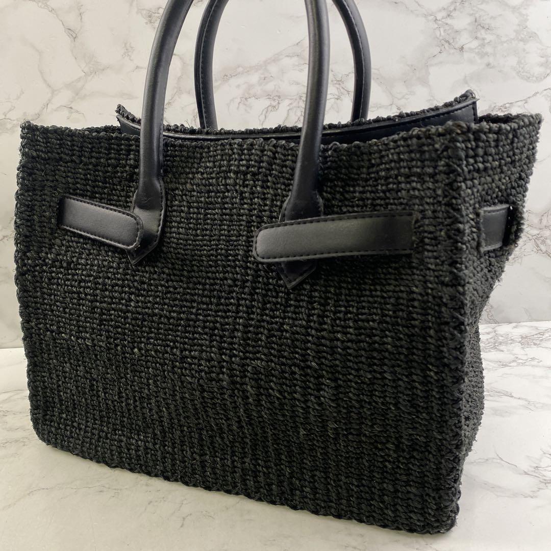SEA シー 天然素材×PUレザー トートバッグ かごバッグ 黒(ブラック)