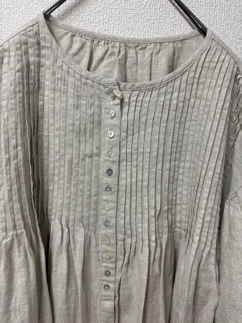 リネンピンタック比翼前開きロングワンピースキナリ美品 リネンピンタック比翼前開きロングワンピースキナリ美品