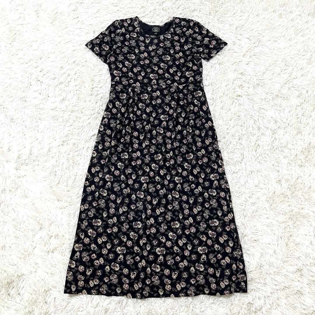 【LAURA ASHLEY】ロング　ワンピース　花柄　ネイビー　L