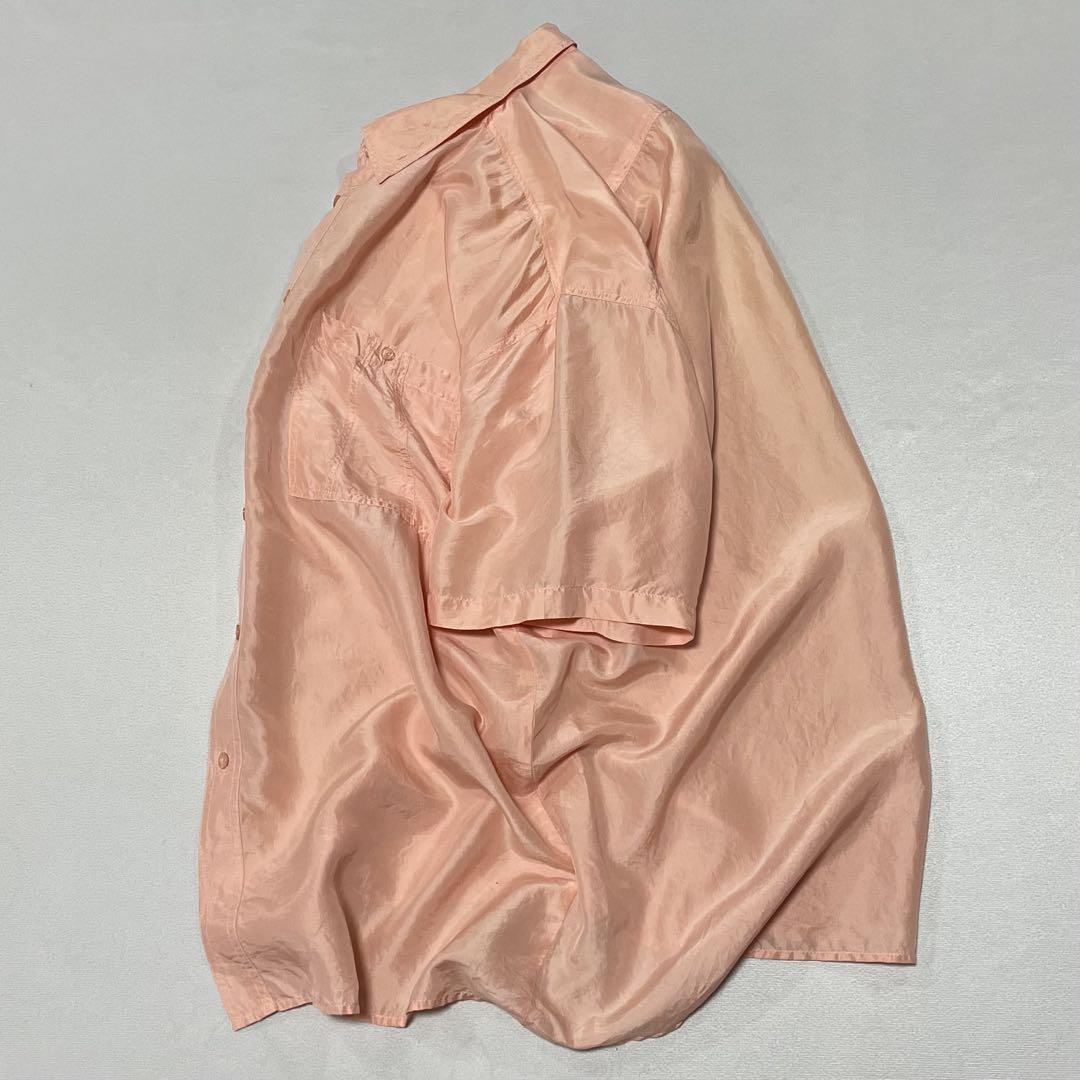 90s Vintage シルク100% S/S シャツ 光沢 ドレープ ピンク