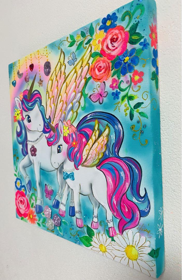 ユニコーンと子供の絵画 Miria様専用 幸せなユニコーンの親子 絵画原画 - メルカリ
