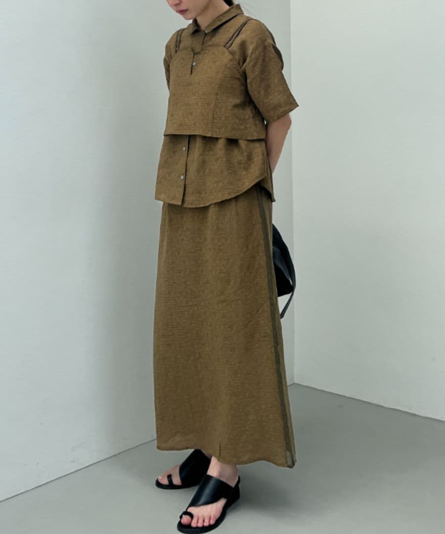 タグ付　イム　ジャガードワンピース3点セット(シャツ＆ビスチェ＆スカート)カーキ