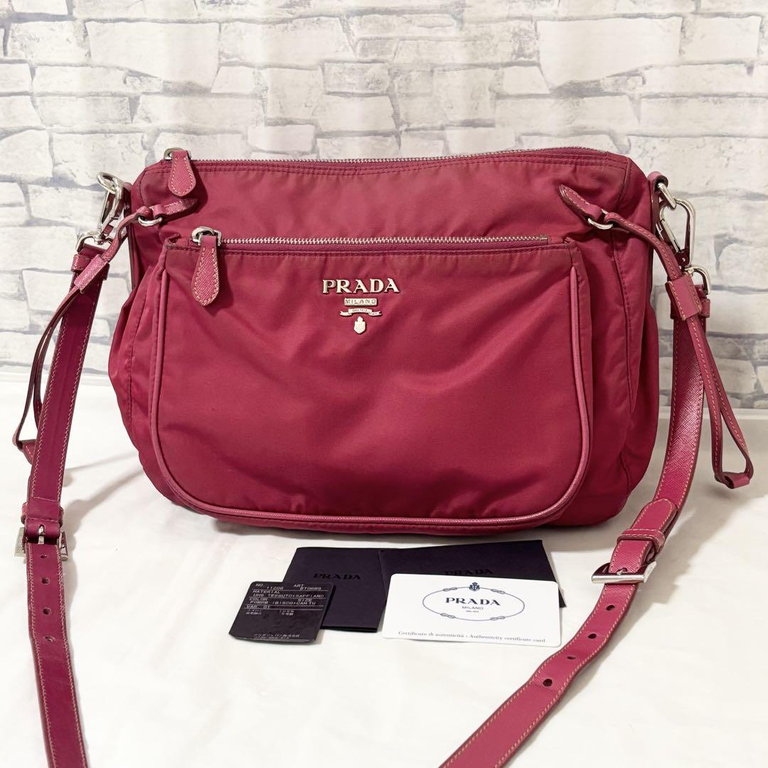 【特別セール品】 PRADA・ショルダーバッグ ナイロン×サフィアーノレザー ルビー バッグ