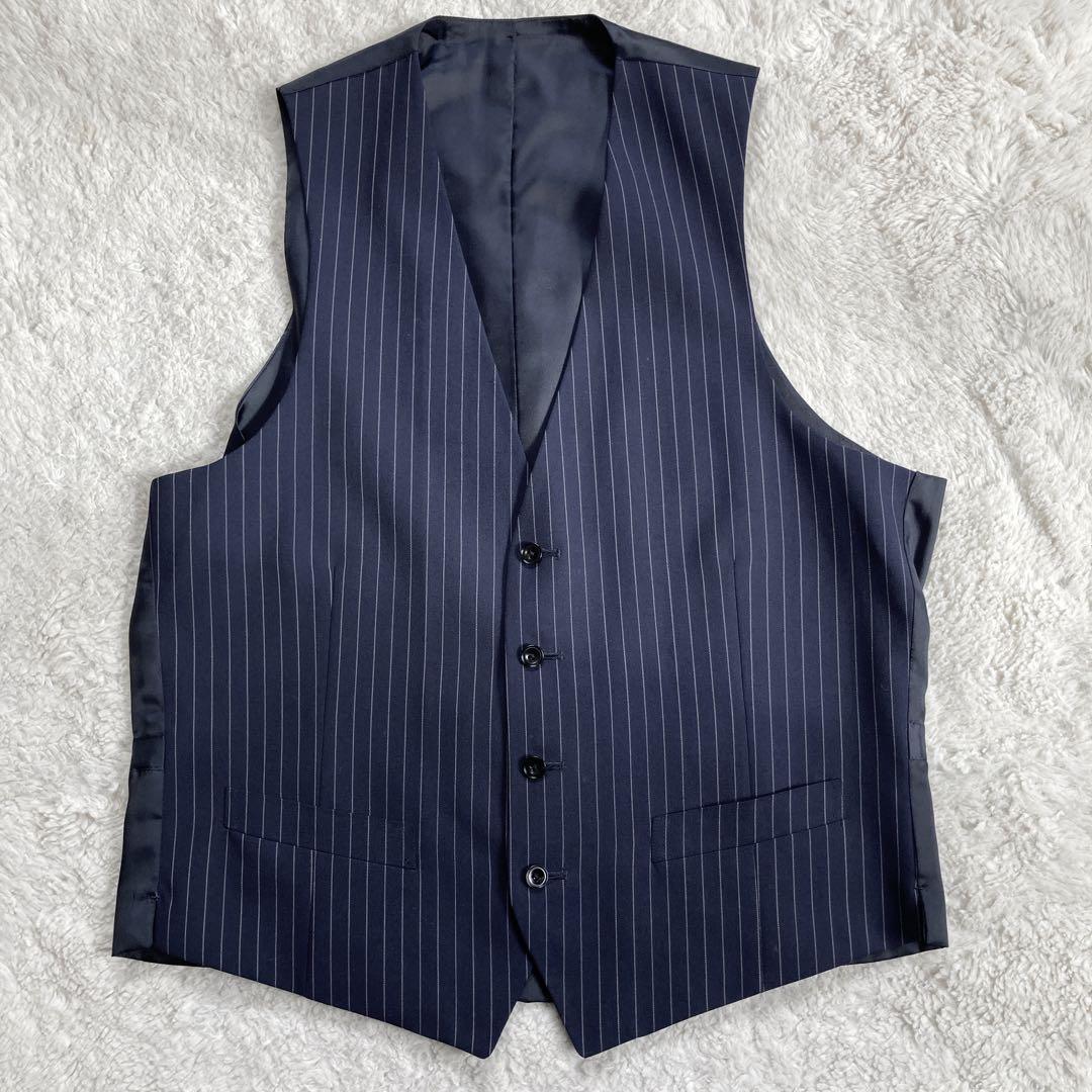 【美品・サイズL】スーツセレクト　セットアップ　スリーピース　紺色　ストライプ柄