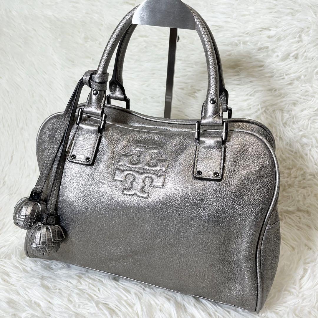 TORY BURCH トリーバーチ ハンドバッグ シボ革レザー シルバー