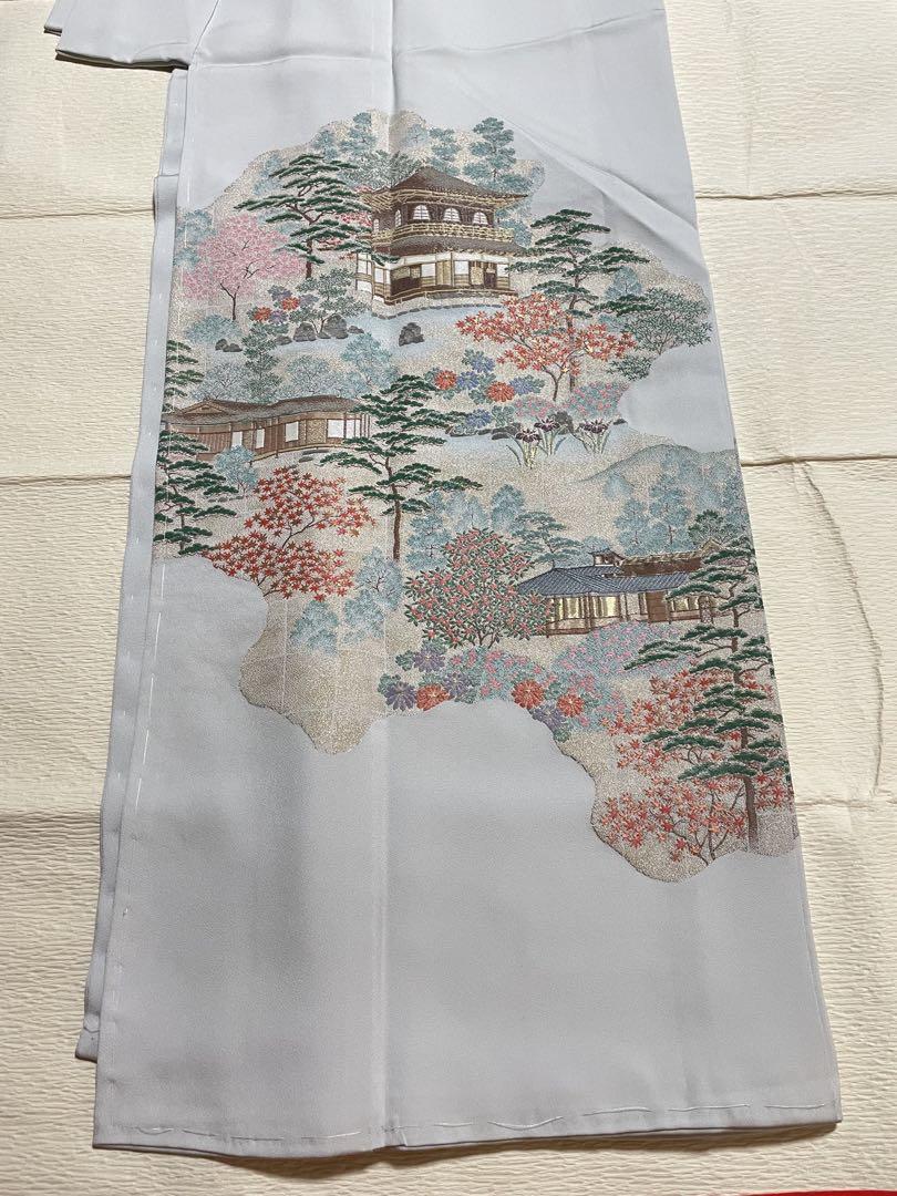 訪問着フルセット　落款　作家　銀閣寺　風景画　一つ紋　正絹　逸品　しつけ糸付き