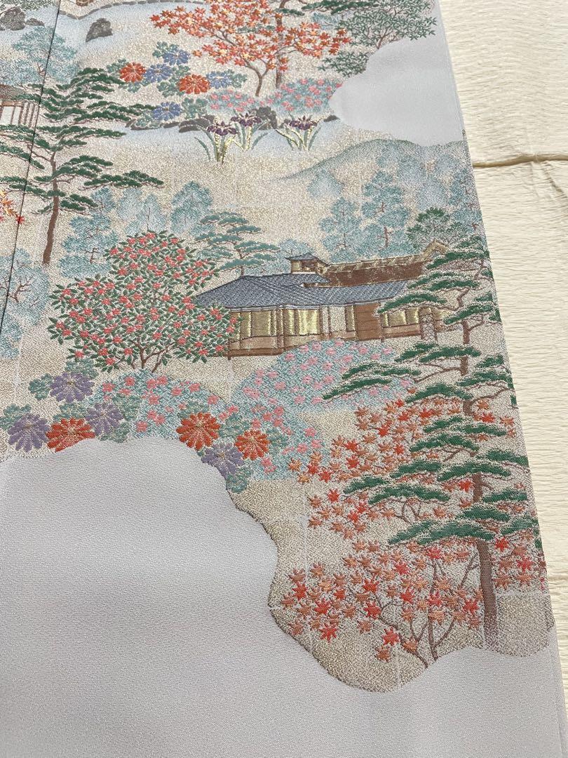 訪問着フルセット　落款　作家　銀閣寺　風景画　一つ紋　正絹　逸品　しつけ糸付き