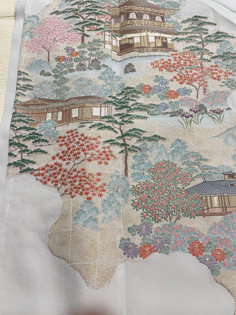 訪問着フルセット　落款　作家　銀閣寺　風景画　一つ紋　正絹　逸品　しつけ糸付き