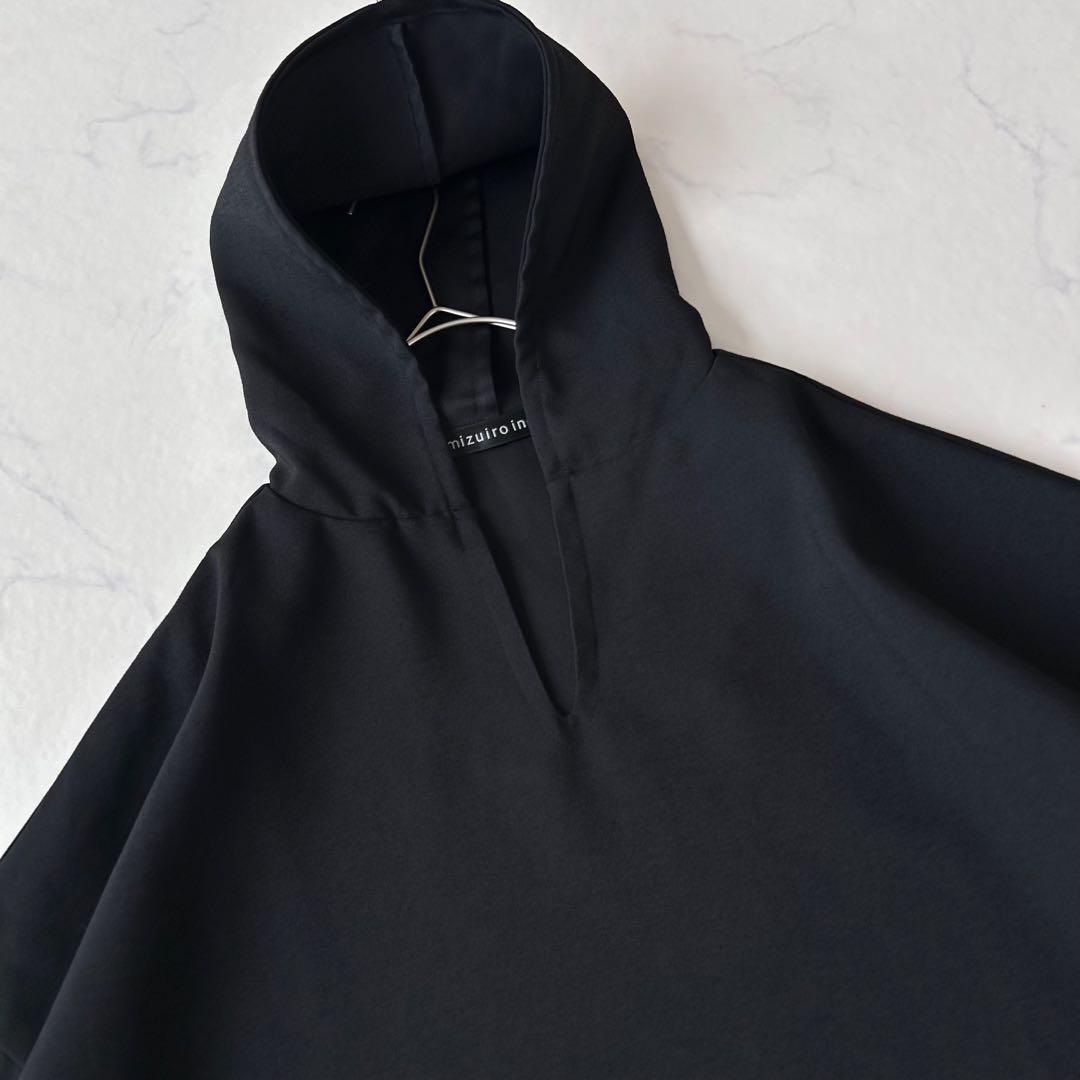 美品 ミズイロインド ワイドプルオーバー フード パーカー 黒 ツイル素材