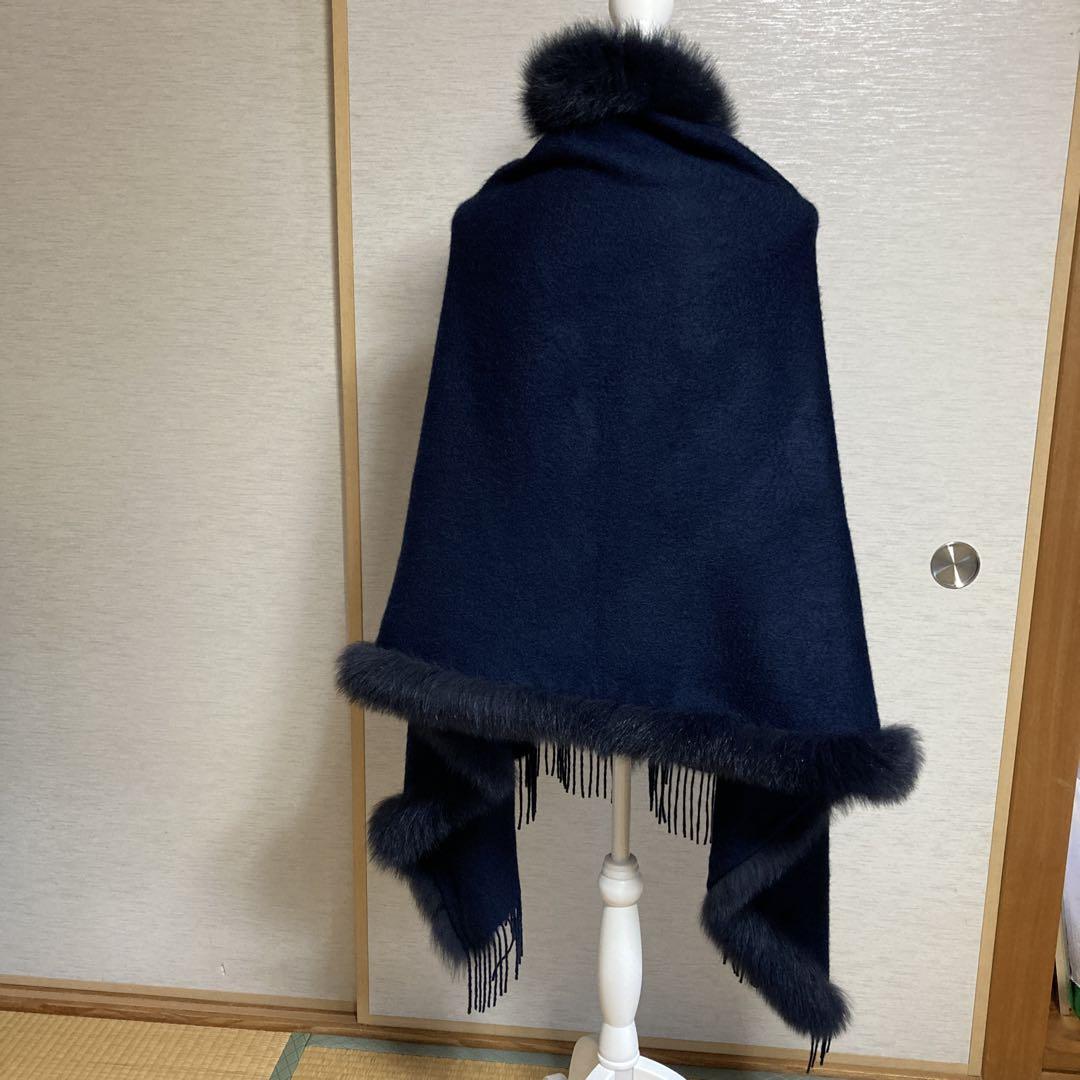 ネイビー フリンジ付きフォックスファーケープコート