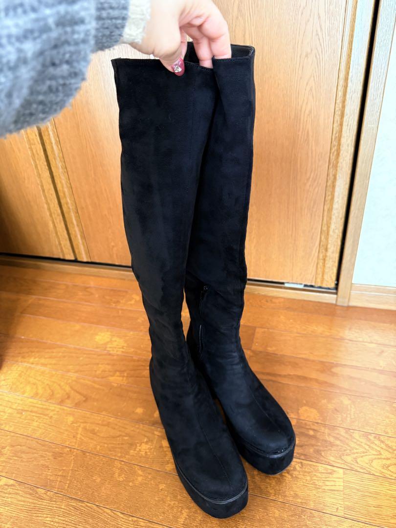 厚底ニーハイブーツ　スエードブラック