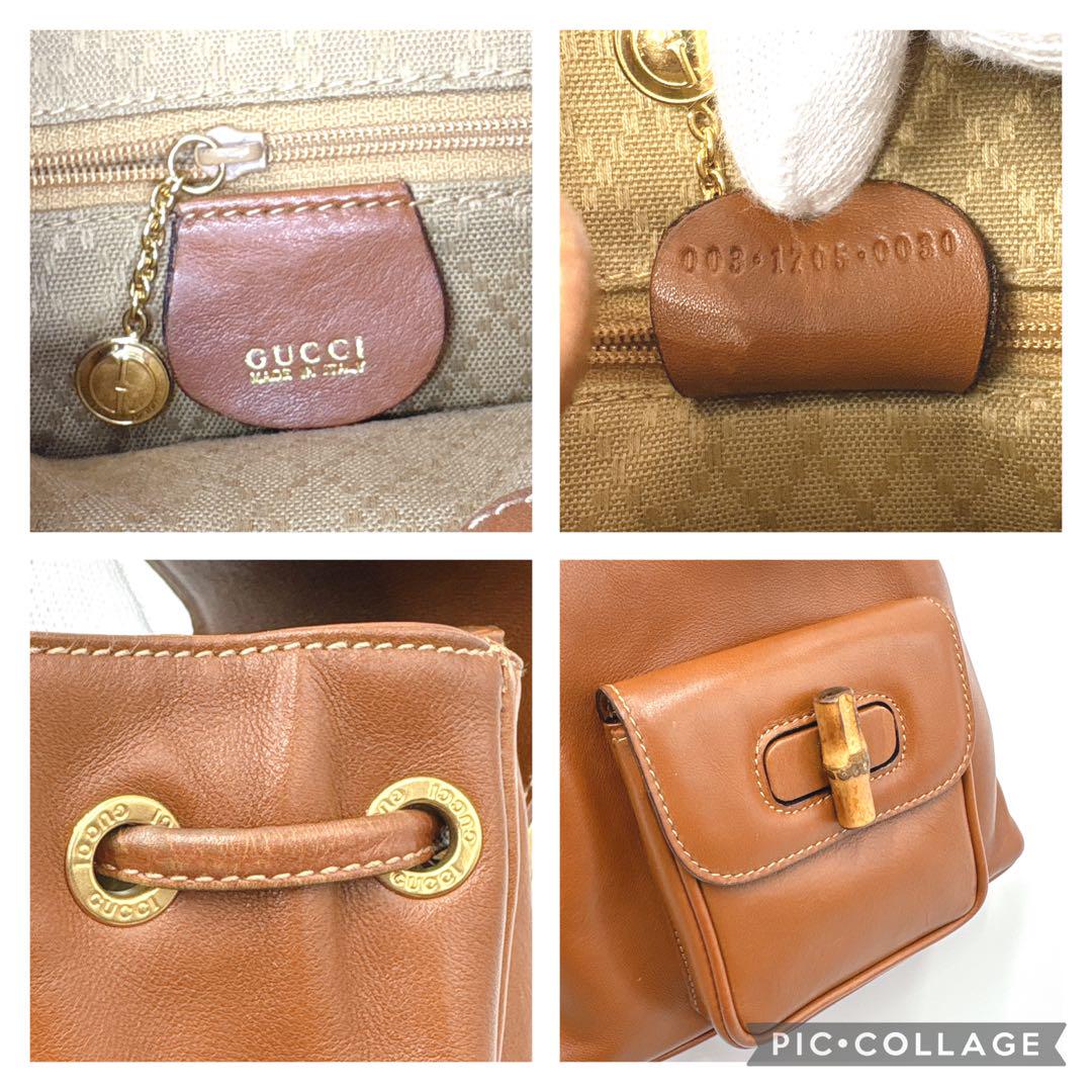 【美品】GUCCI グッチ ミニリュックサック レザー ブラウン バンブー 巾着