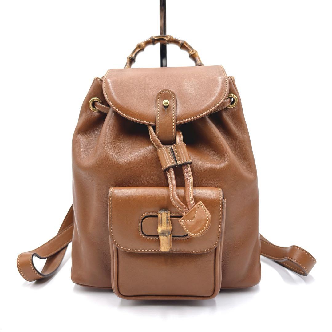 【美品】GUCCI グッチ ミニリュックサック レザー ブラウン バンブー 巾着