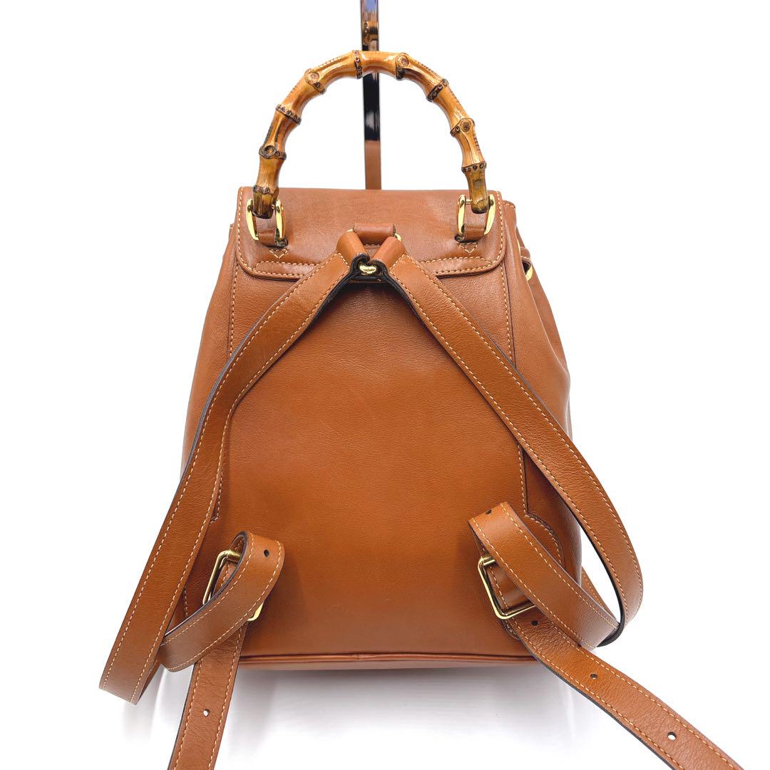 【美品】GUCCI グッチ ミニリュックサック レザー ブラウン バンブー 巾着