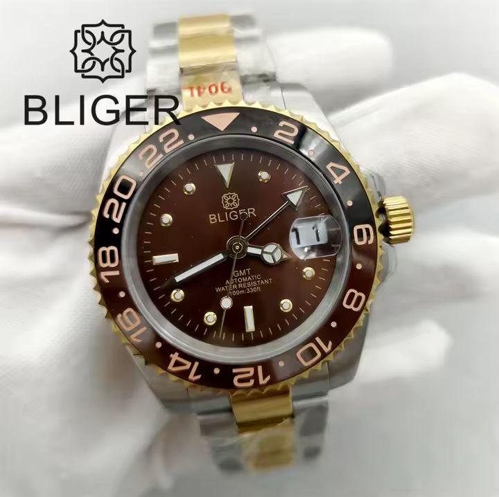 BLIGER自動巻き時計ブラウン文字盤ゴールドシルバー防水ビジネスウォッチ機械式