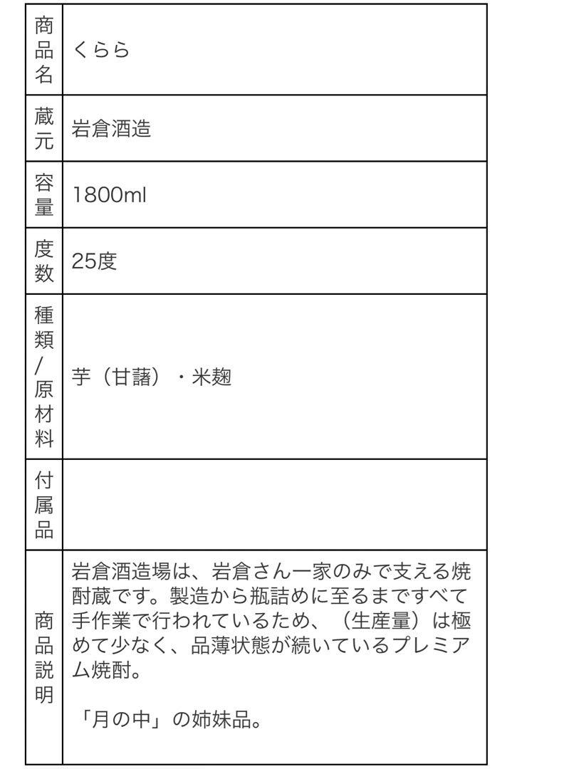 焼酎　くらら　月の中（つきんなか） 「岩倉酒造場」25度 魔王　森伊蔵　村尾