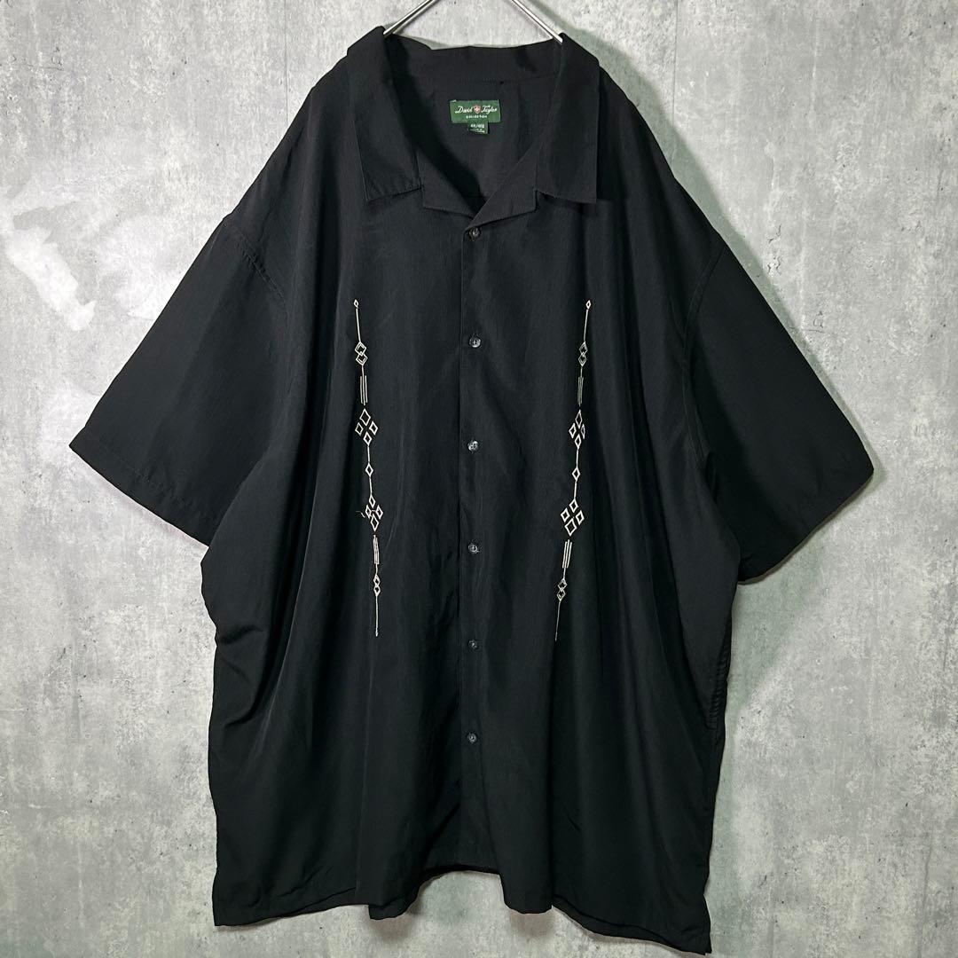 ビッグシルエット 刺繍 キューバシャツ 黒 オープンカラー 4XL 開襟