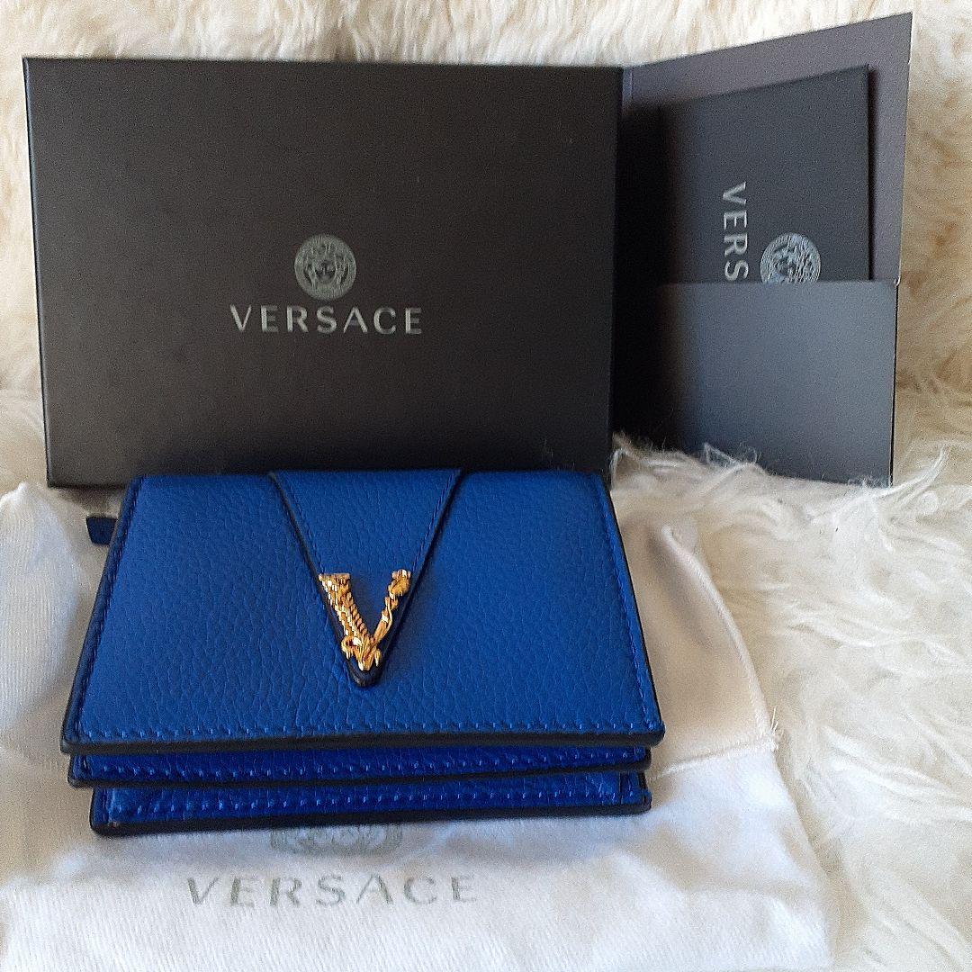 VERSACE 青 レザー 二つ折り財布