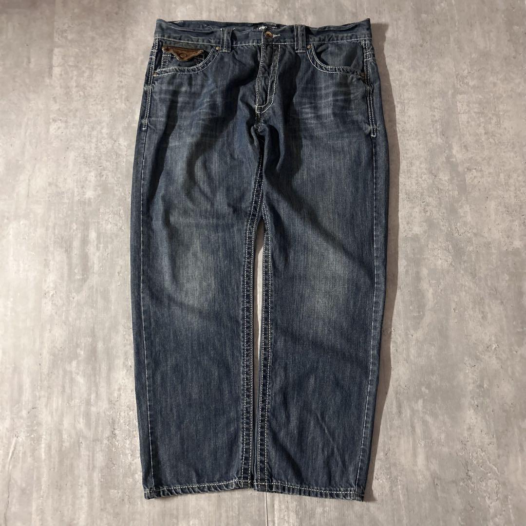 B50【W42】【00s】超極太 pelle pelle デニムパンツ レザー