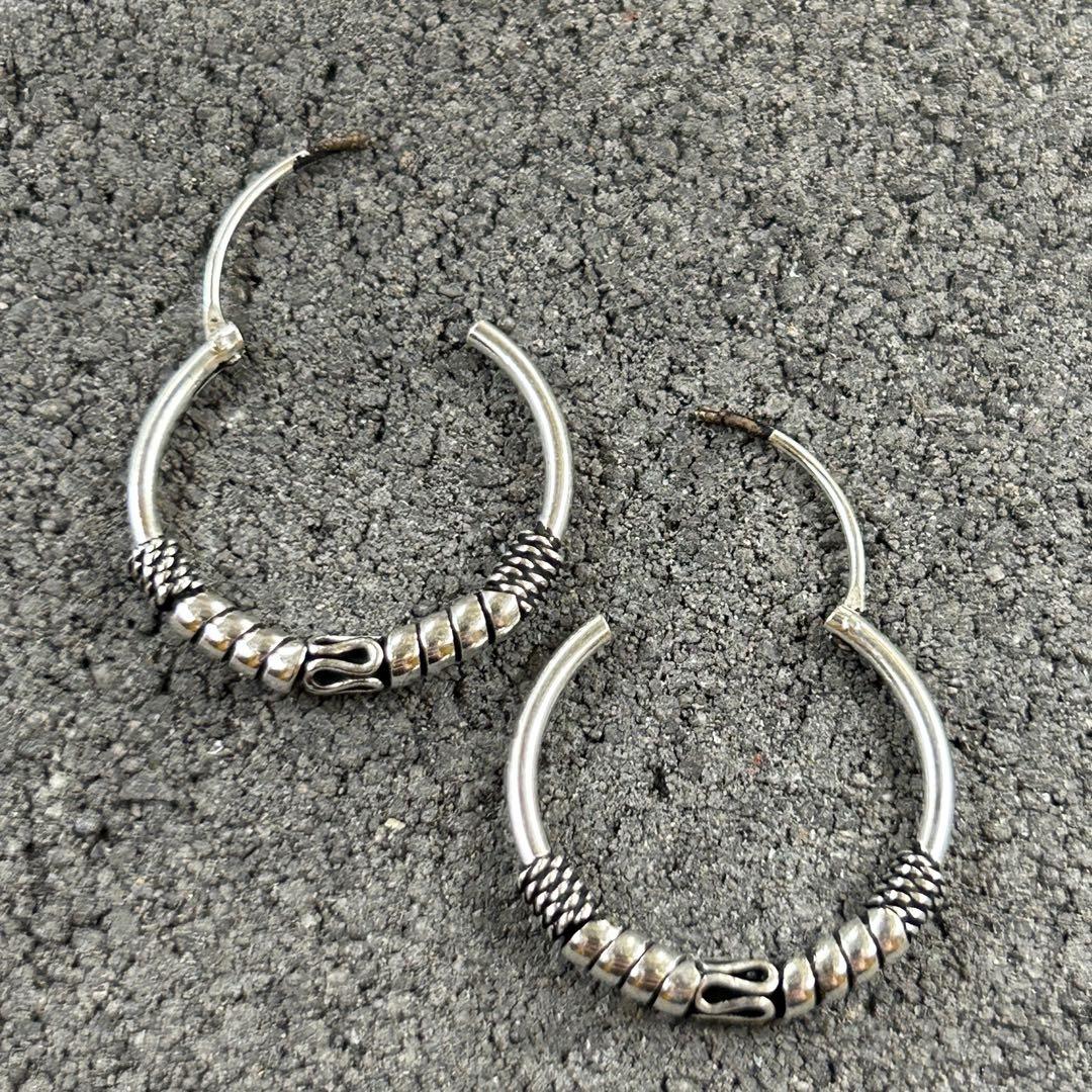シルバー925 Silver トライバルデザインフープピアス/20mm/両耳