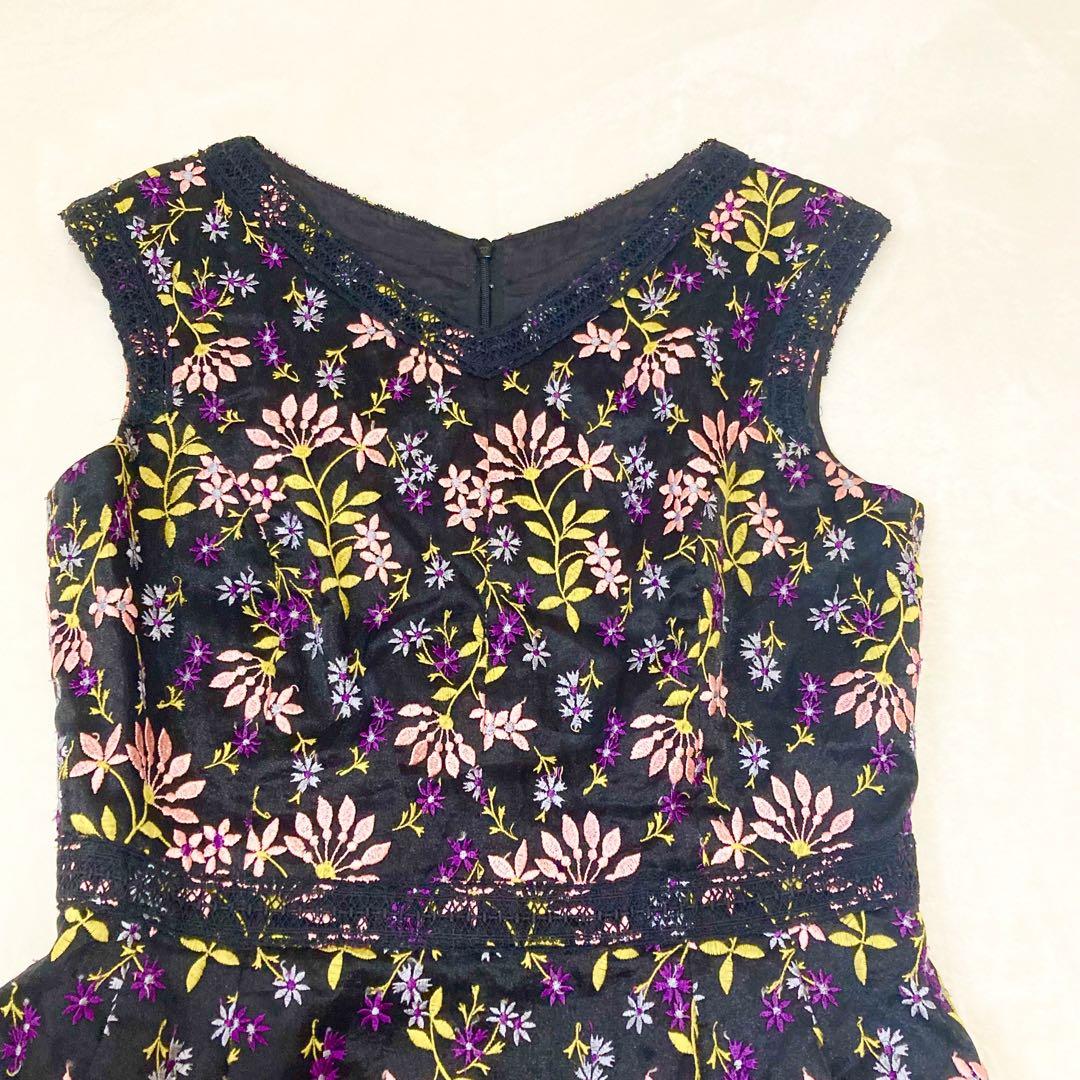 TOCCA トッカ 刺繍 花柄 フレア ワンピース レース ブラック 2 f28 画像2