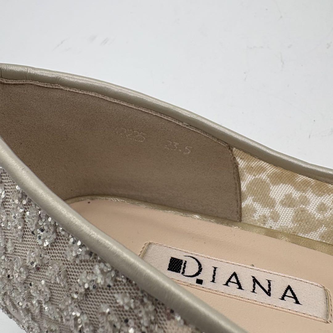 DIANA シルバー グリッター フラットシューズ ブライダルシューズ 未使用級】ダイアナ シルバー グリッター フラットシューズ