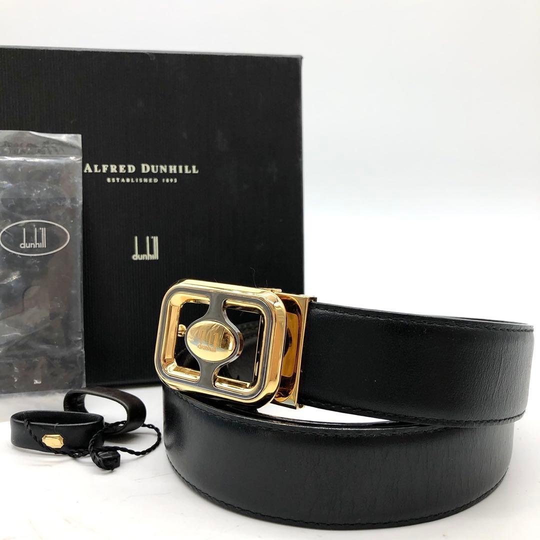 【未使用級】 Dunhill ベルト ロゴ 刻印 レザー バックル ブラック