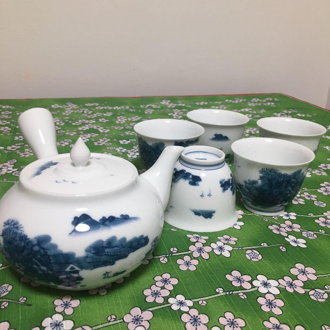 畑萬陶苑 急須と煎茶湯呑み5個 山水画 伊万里焼