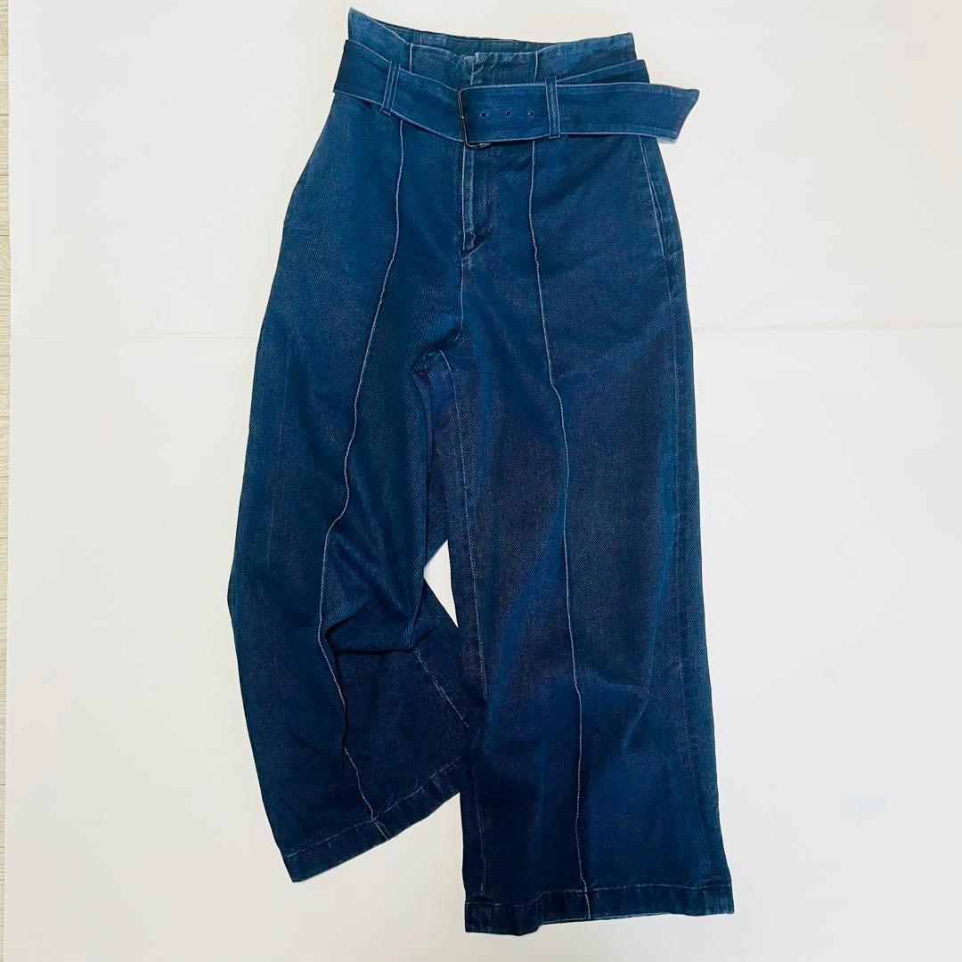 美品 IÉNA 日本製 ベルト付き ワイドパンツ ネイビー L 秋冬 センター