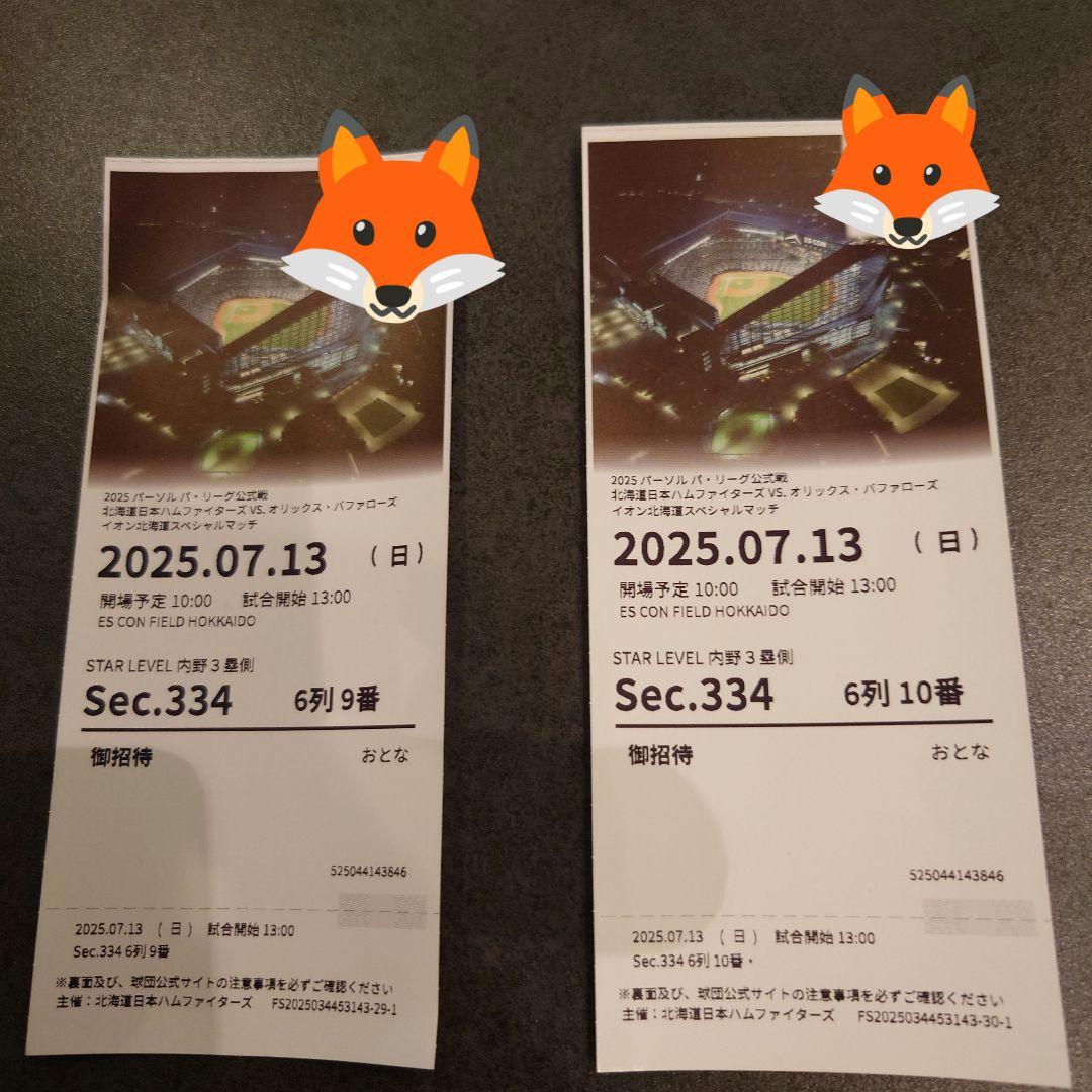 2025年7月13日 野球観戦チケット Sec.334 6列9・10番