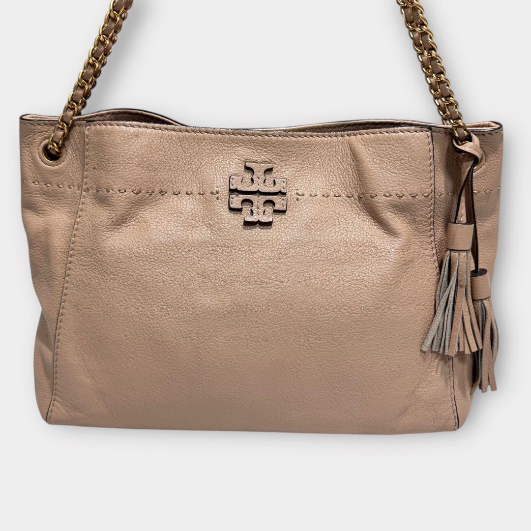 美品✨トリーバーチ　トートバッグ　チェーン　タッセル　ベージュ系　肩がけ　A4