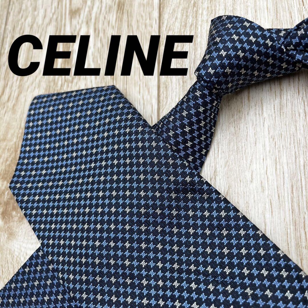✨極美品✨CELINE ネクタイ トリオンフ総柄 ネイビー シルク100%