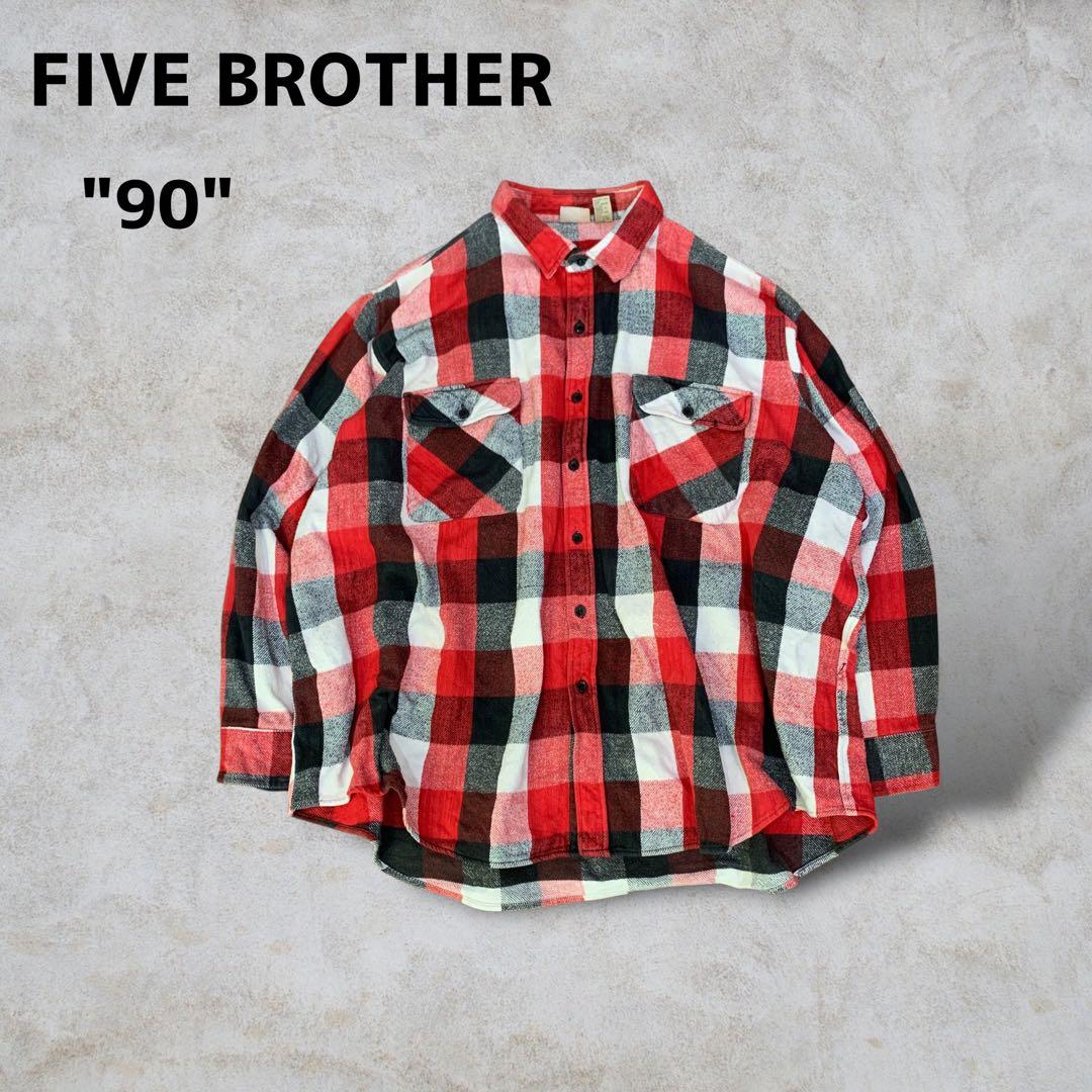 90sFIVE BROTHER古着フランネルシャツヘビーネル赤黒白チェック4XL